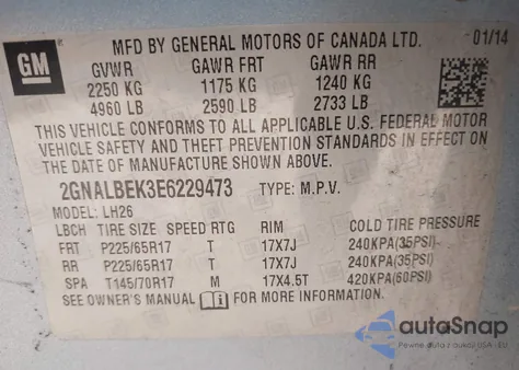 2014 Chevrolet Equinox 1Lt z USA, uszkodzony, nr VIN 2GNALBEK3E6229473